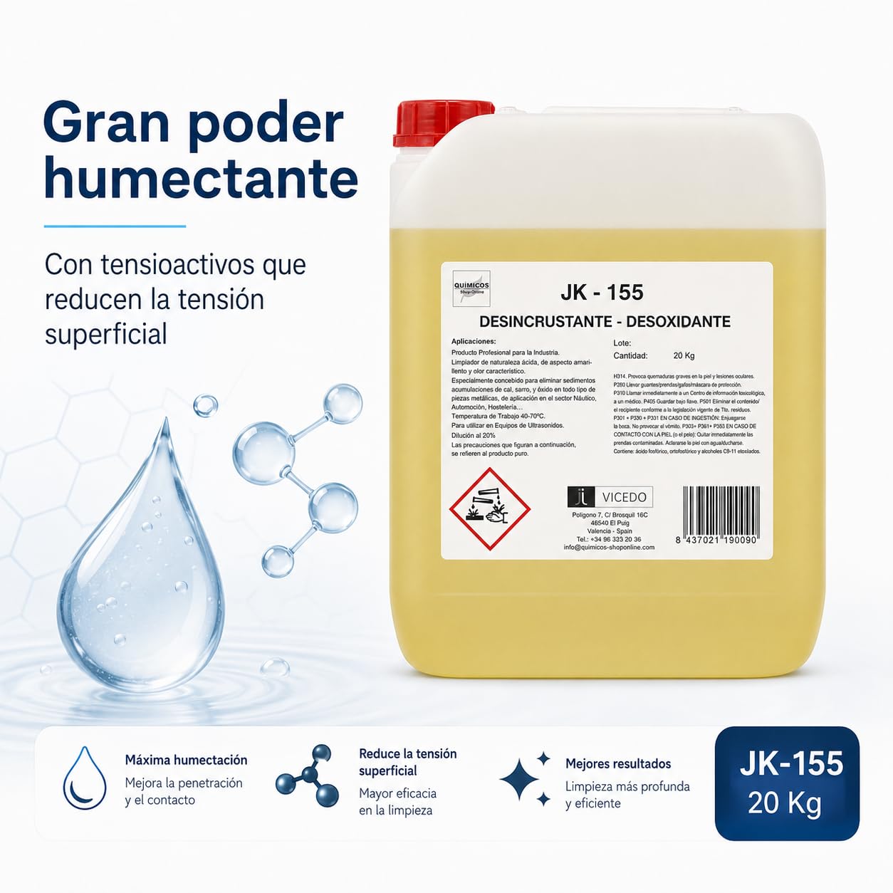JK-155 Desoxidante y Desincrustante de Cal Concentrado 20 kg para Ultrasonidos e Inmersión, Elimina Óxido y Depósitos Calcáreos en Superficies Metálicas.
