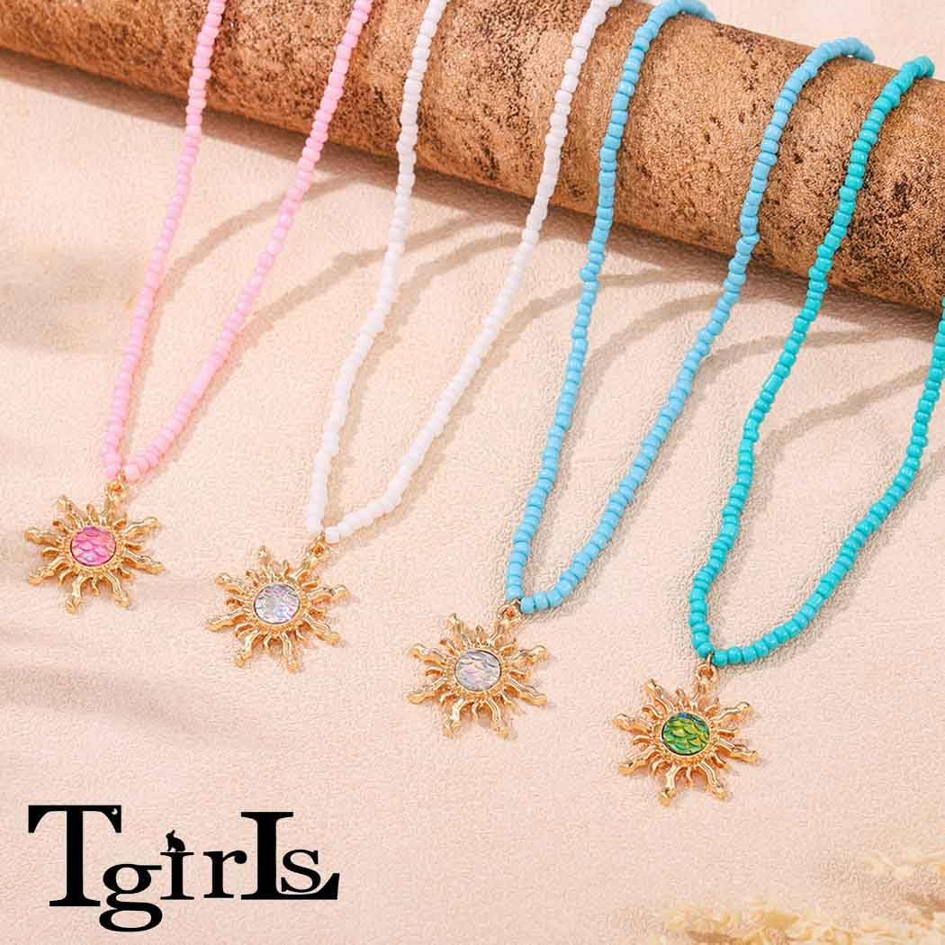Tgirls Boho Beaded Necklace Crystal Sun Pendant Necklaces Opal Hippie Sun Choker Necklace Seed Bead Necklace Jewelry for Women - Image 7