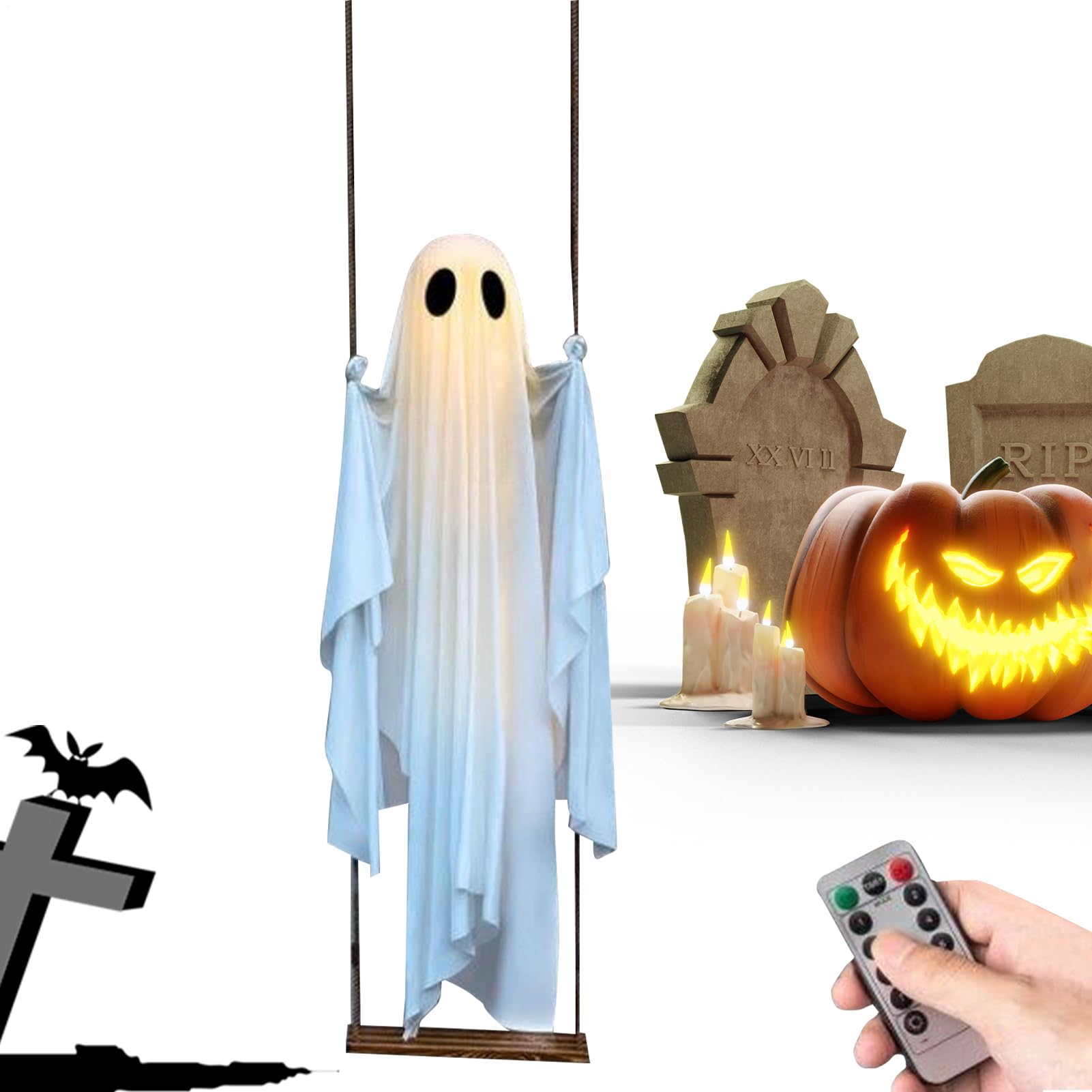 Décorations fantômes Halloween géantes à LED avec télécommande pour jardin