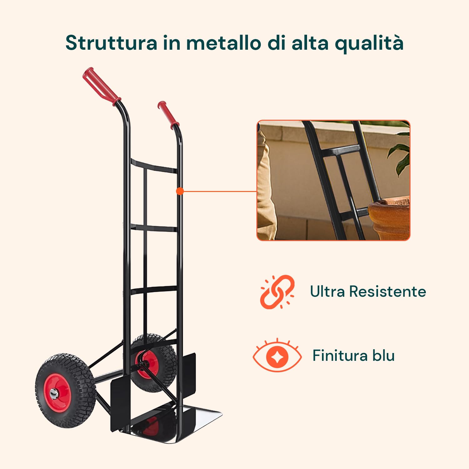 Carrello con Ruote Portatutto in Acciaio da 200Kg per Trasporto Sicuro di Carichi Voluminosi, con Maniglie Antiscivolo, Ruote e Struttura Compatta Maneggevole (Blu)