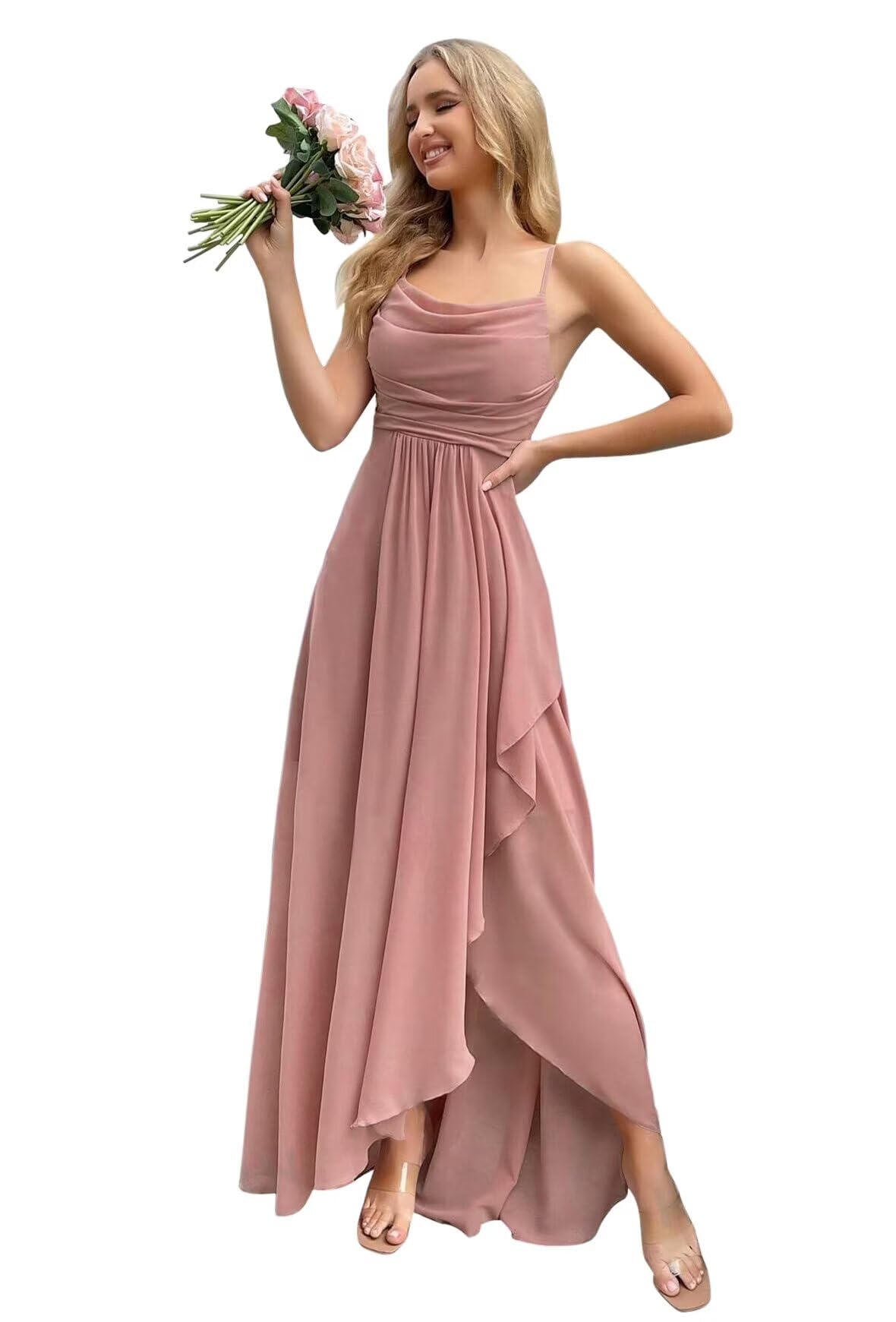 vintys Social Spaghetti Straps Bridesmaid Dresses Long with Pockets for Women Dusty Rose Cowl Neck Chiffon Formal Dress with Slit Ruffle Beach Wedding