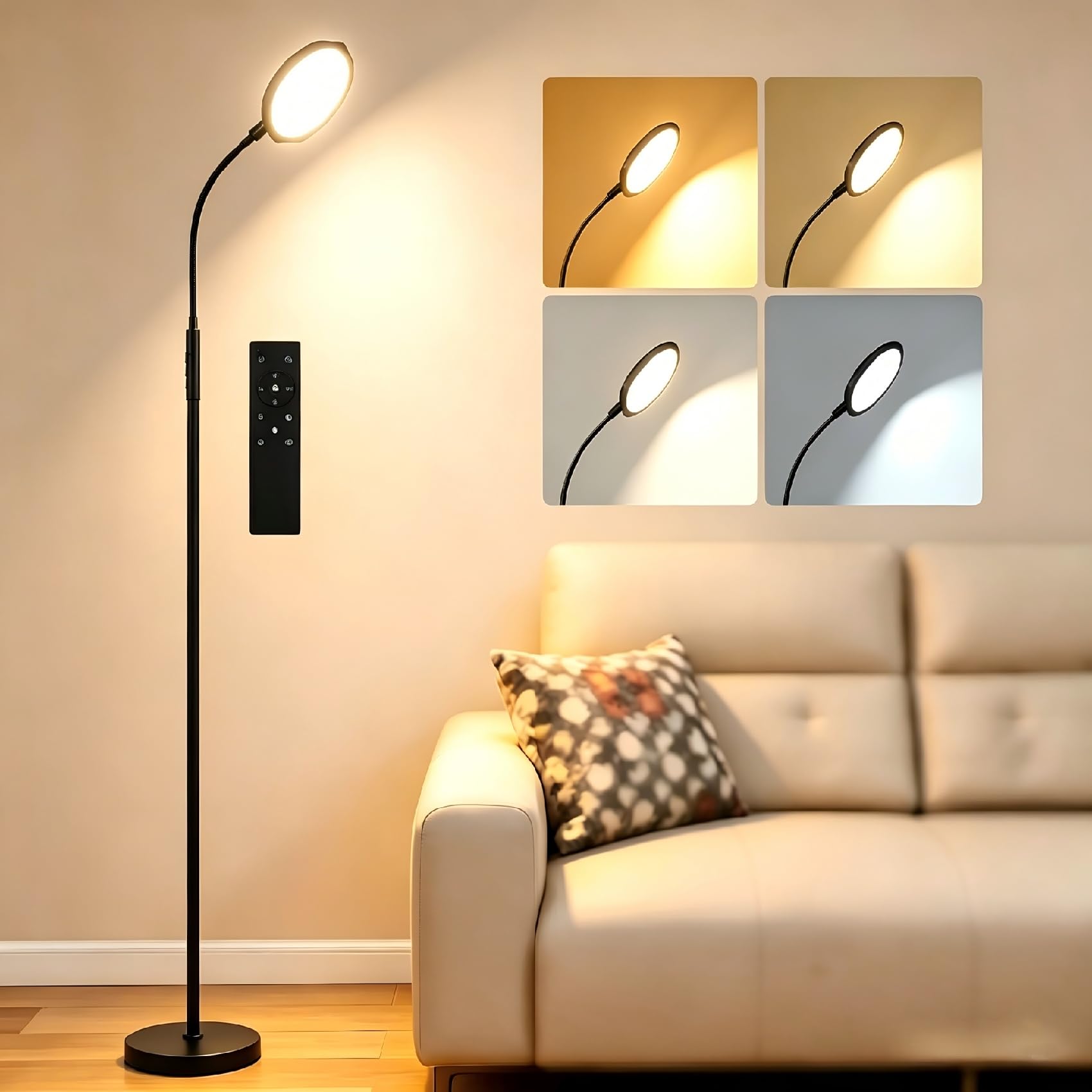 ZealWe Floor Lamp, Floor Lamps for Living Room, LED Standing Reading Tall Lamp with Adjustable Gooseneck, Remote, 4 Colour Temperature Brightness, Black Round