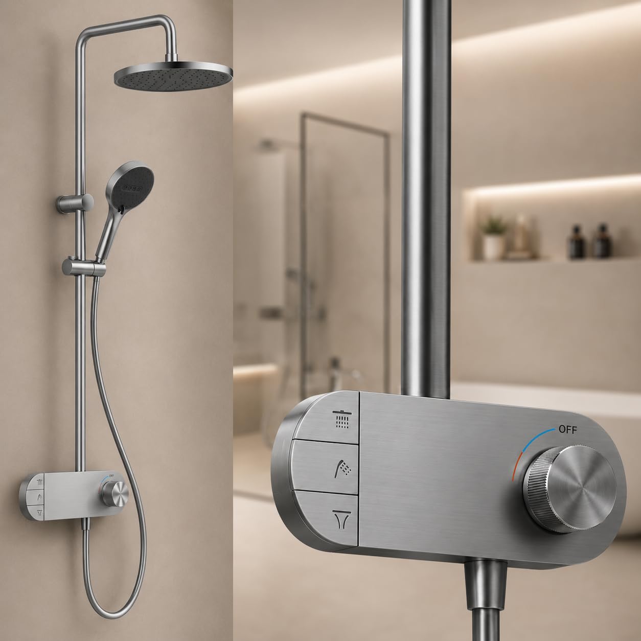 INEX EUROPA Columna de Ducha Negro Gris Titanio Premium Acero Inoxidable 10 Años Garantía - Columna Ducha Redonda Efecto Lluvia 3 Modos de Operación - Torre de Ducha 156cm Negro Gris Titanio