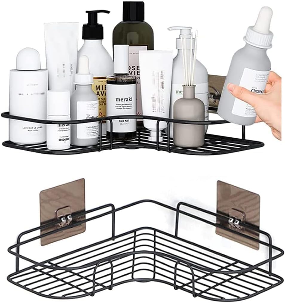 SKY-TOUCH 2Pcs Corner Shower Shelves，Self Adhesive No Drilling Wall Mounted Shower Storage Shelf Organizer For Your Bathroom, Kitchen And Toilet，Iron Art，Black