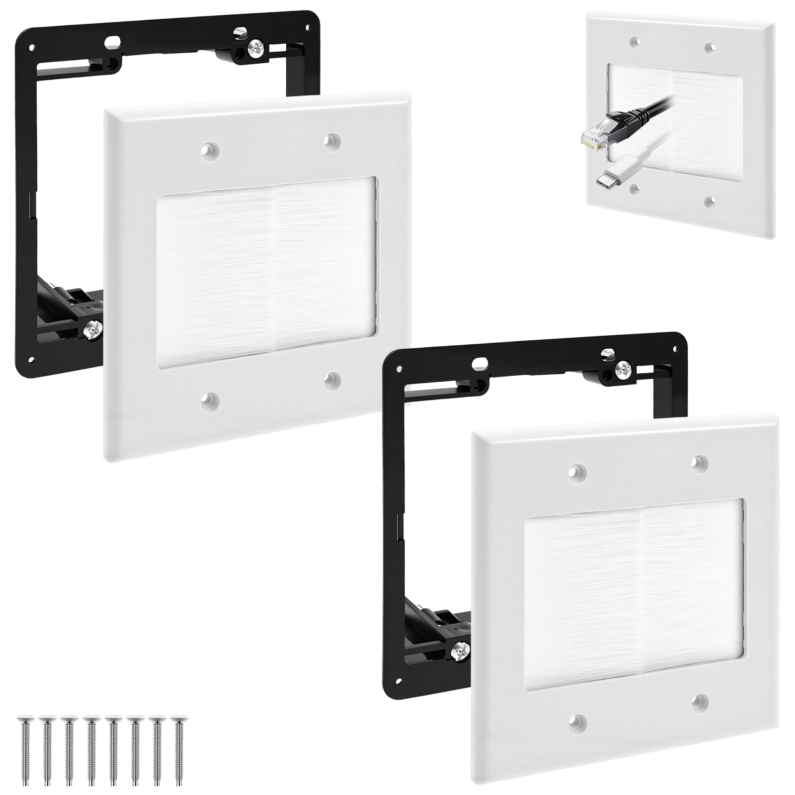 2 Gang Brush Wall Plate 2 Pack Cable Pass Through Wire Hider Compatible with Ethernet Cable & Home Theater System (White, with Bracket)