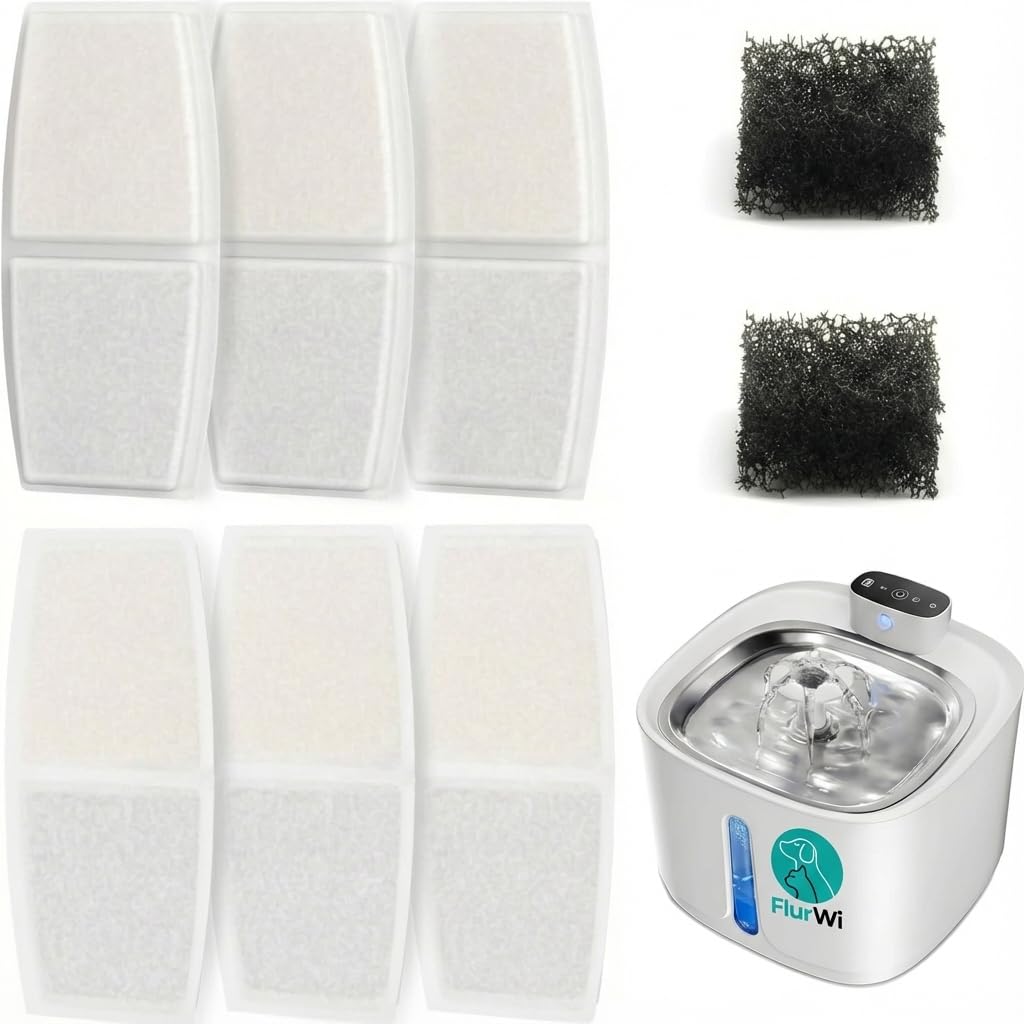 Filters for Cat Drinkers, 6 Main Filters + 2 Water Pump Filters, Compatible with FLURWI Cordless Cat Fountain, Hair Filtration and Water Purification