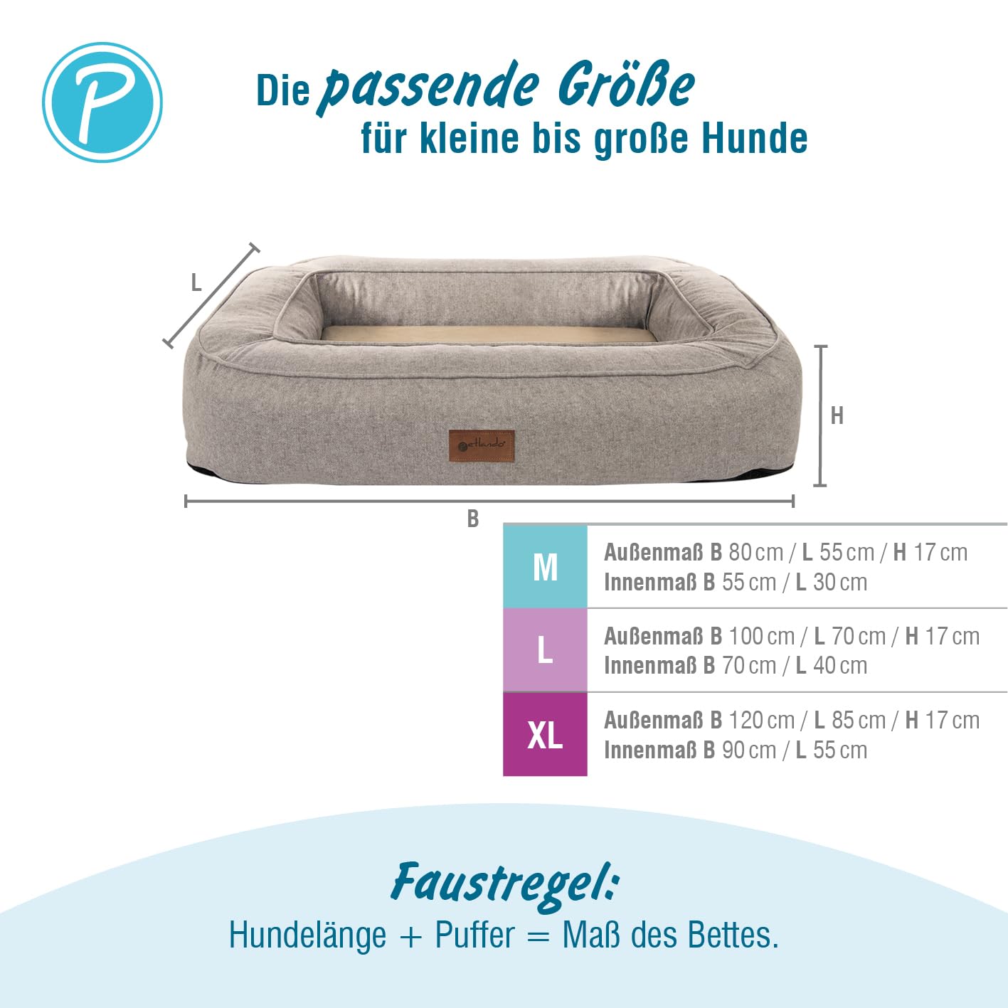 Petlando orthopädisches Hundebett Lima Ortho, ergonomische Liegefläche, waschbar 60°C, rutschfest, XL Tabacco, Hundematte beige, Hundekissen für große Hunde L 120 x B 85 x H 17 cm
