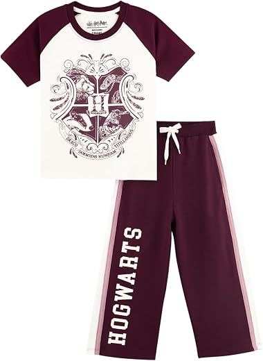 Nap Chief Girls Cotton Official Harry Potter Hogwarts Crest Burgandy Printed Co ord Set, Tshirt &amp; Joggers Set for Casual Wear