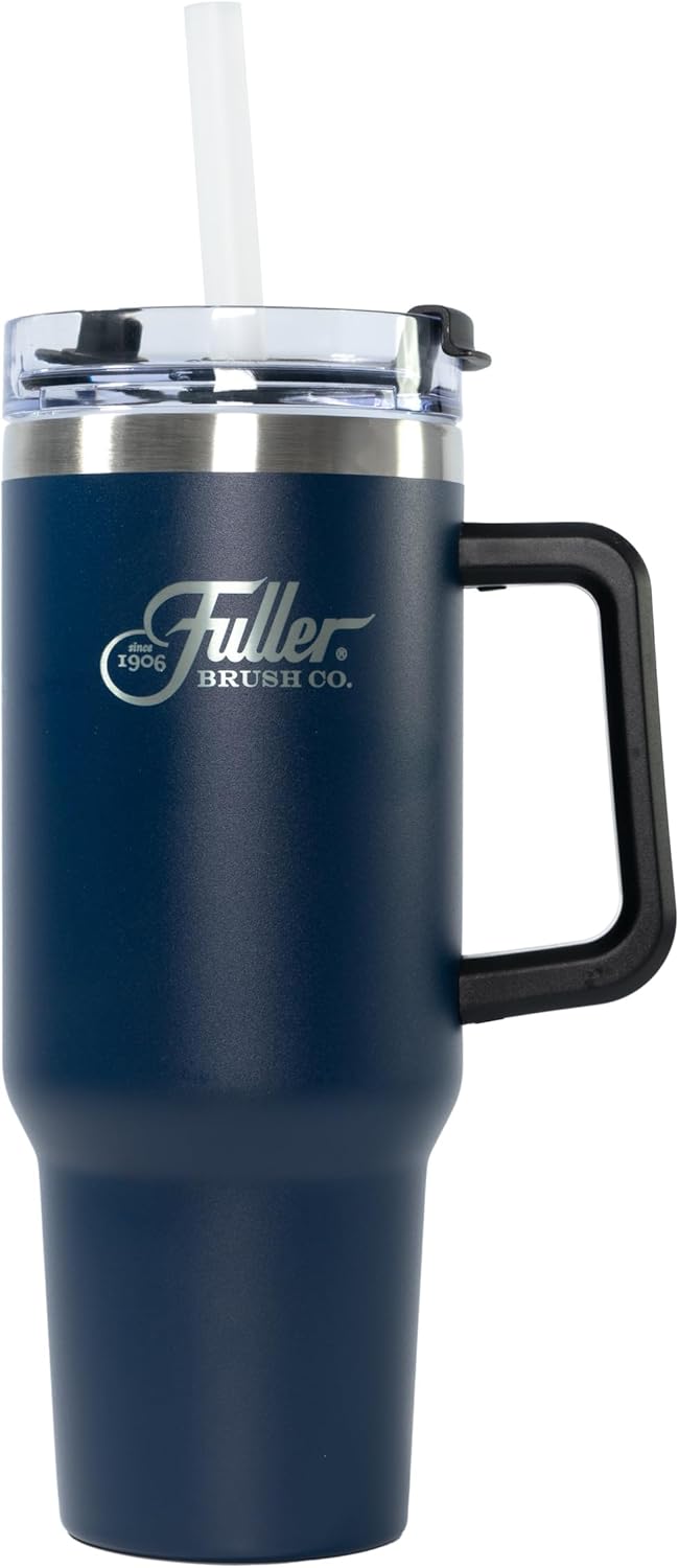 Fuller Brush Stainless Steel Tumbler with Handle - 40 oz. – Lead & BPA-Free - Double-Wall Insulated Travel Mug – Keeps Drinks Hot or Cold for Hours – Spill-Resistant Lid & Straw (Steel Blue)