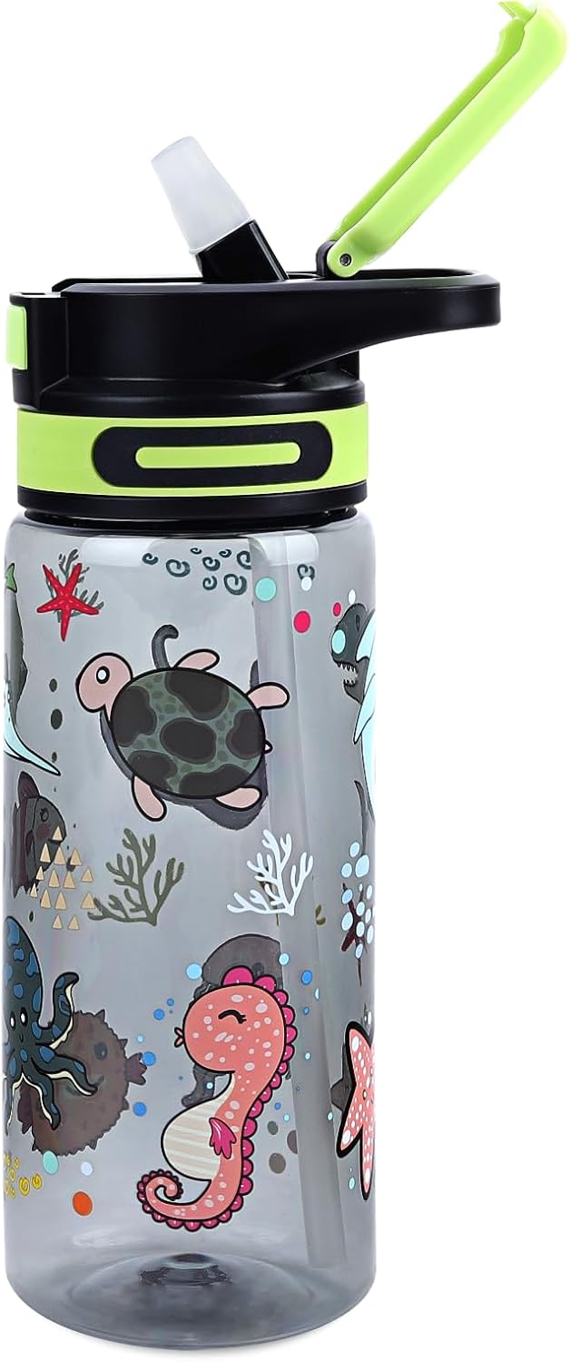 Kids Water Bottle with Flip-Up Straw and Carry Handle for School/Sports/Daycare/Travel, BPA-Free, Lightweight, Leak-Proof Durable Plastic Drinking Cup for Girls Boys Toddlers 22oz (Oceans Animals)