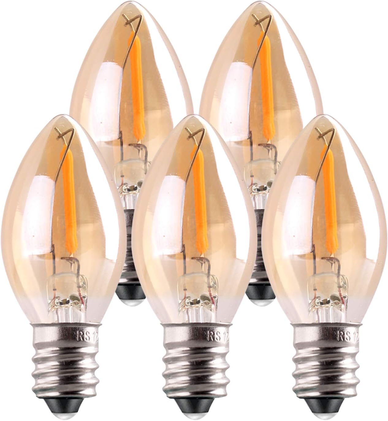 Bombilla LED C7, bombillas de vela ligeras de 0,5 vatios, bombilla de luz ámbar decorativa Edison Night Light E14 Candelabra LED bombilla de filamento LED, blanco cálido de 2200K 5 paquetes