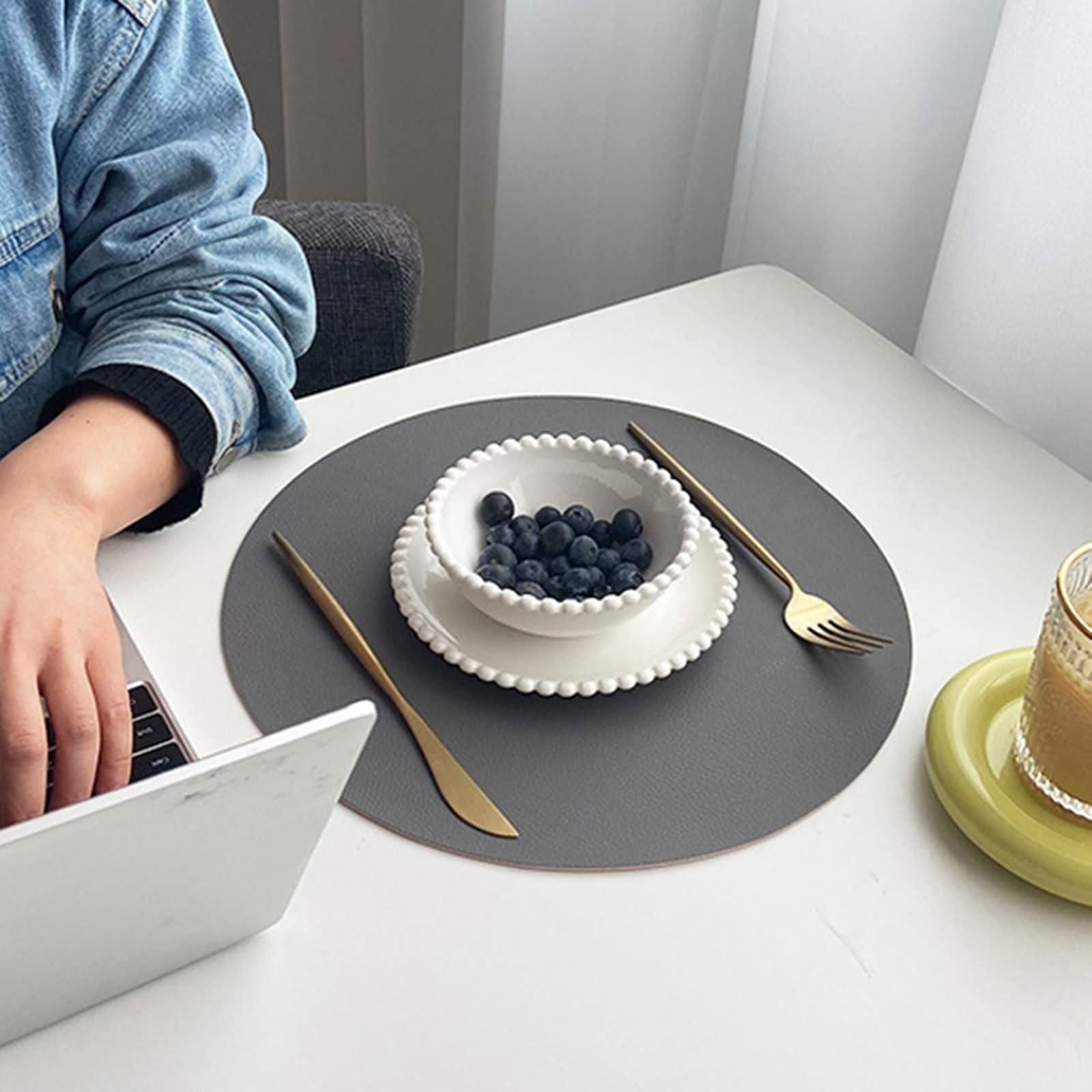 Platzdeckchen Landhausstil 6er Set, Place Mats Autumn 32cm Wendbarer Zweifarbiger Uni-Look Leder Dunkelgrau Beige