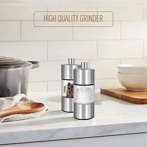 Miniatura 6 de Juego de mini molinillo de sal y pimienta, molinillo de pimienta recargable de 4 pulgadas para grosor ajustable, molinillo de especias de acero
