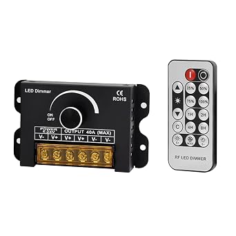 12V LED Dimmer Switch with RF Remote Control and Timer, DC 5V 12V 24V 40A Aluminum Housing PWM Dimmer with Rotary Knob Control for Single Color LED Strip Lights