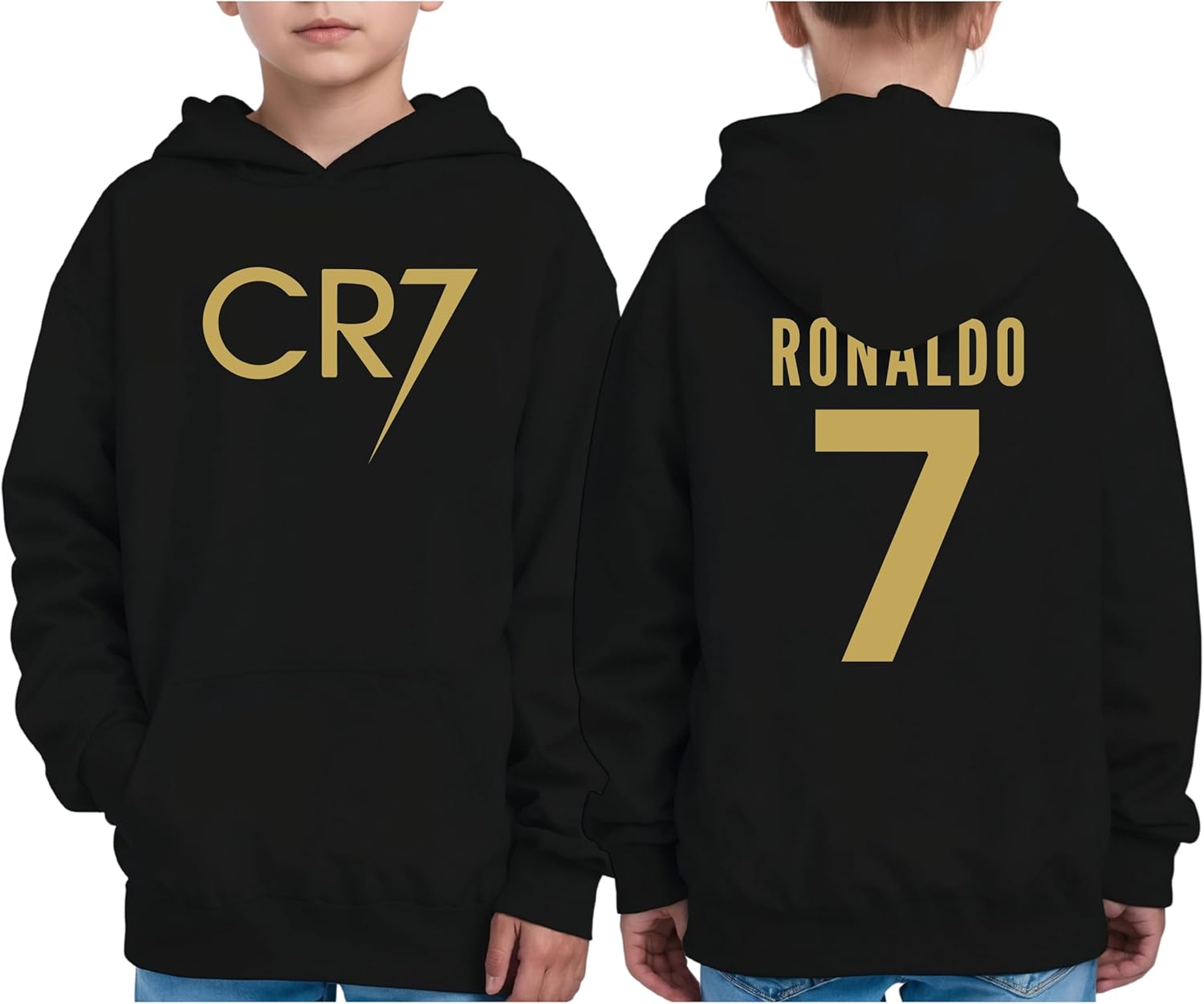 Ronaldo #7 Youth Hoodie for Boys & Girls | Gold Edition Front & Back Print | Kids GOAT Soccer Fan Sweatshirt