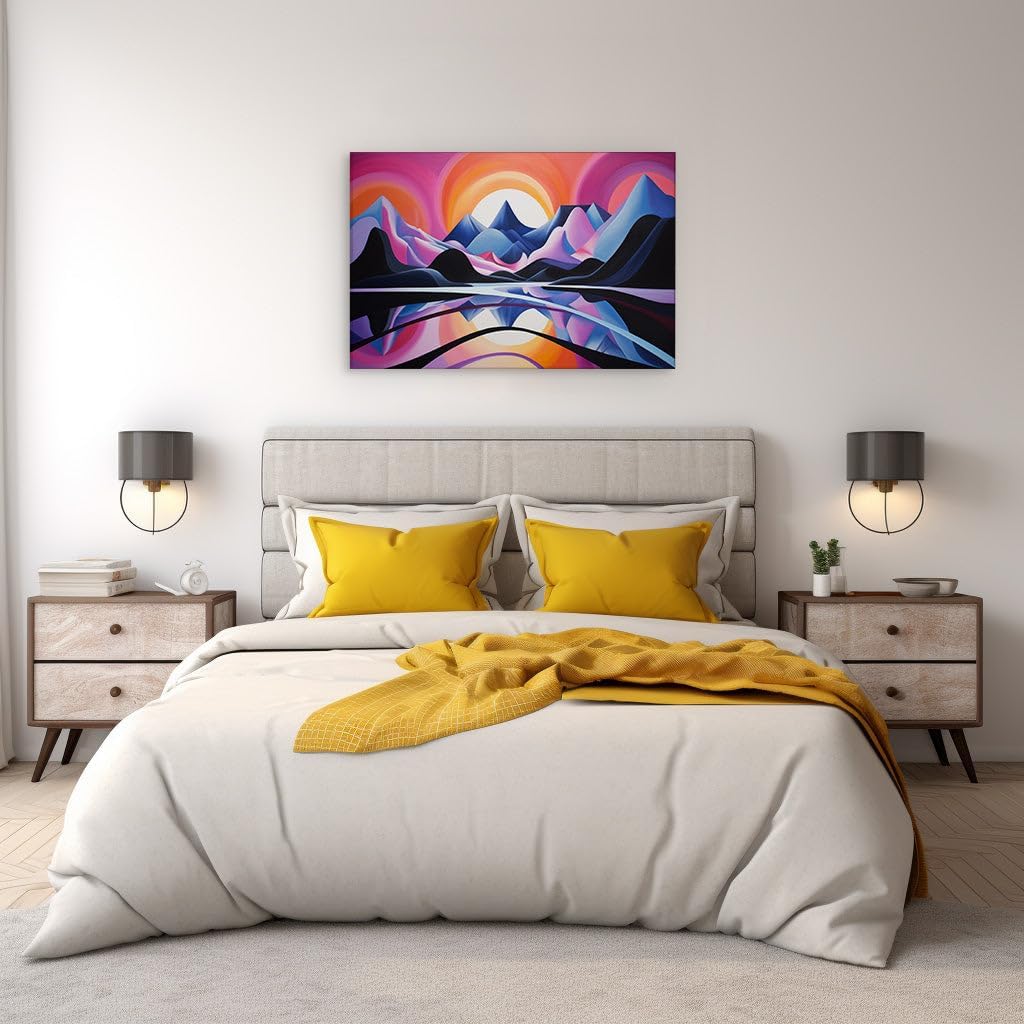 Canvas for Living Room. Sunset Symphony Over Mystical Peaks � A Dreamy Abstract Vista Unveiled, 27 x 18 inch Canvas Wall Art - Contemporary Masterpieces - Modern Home Decor