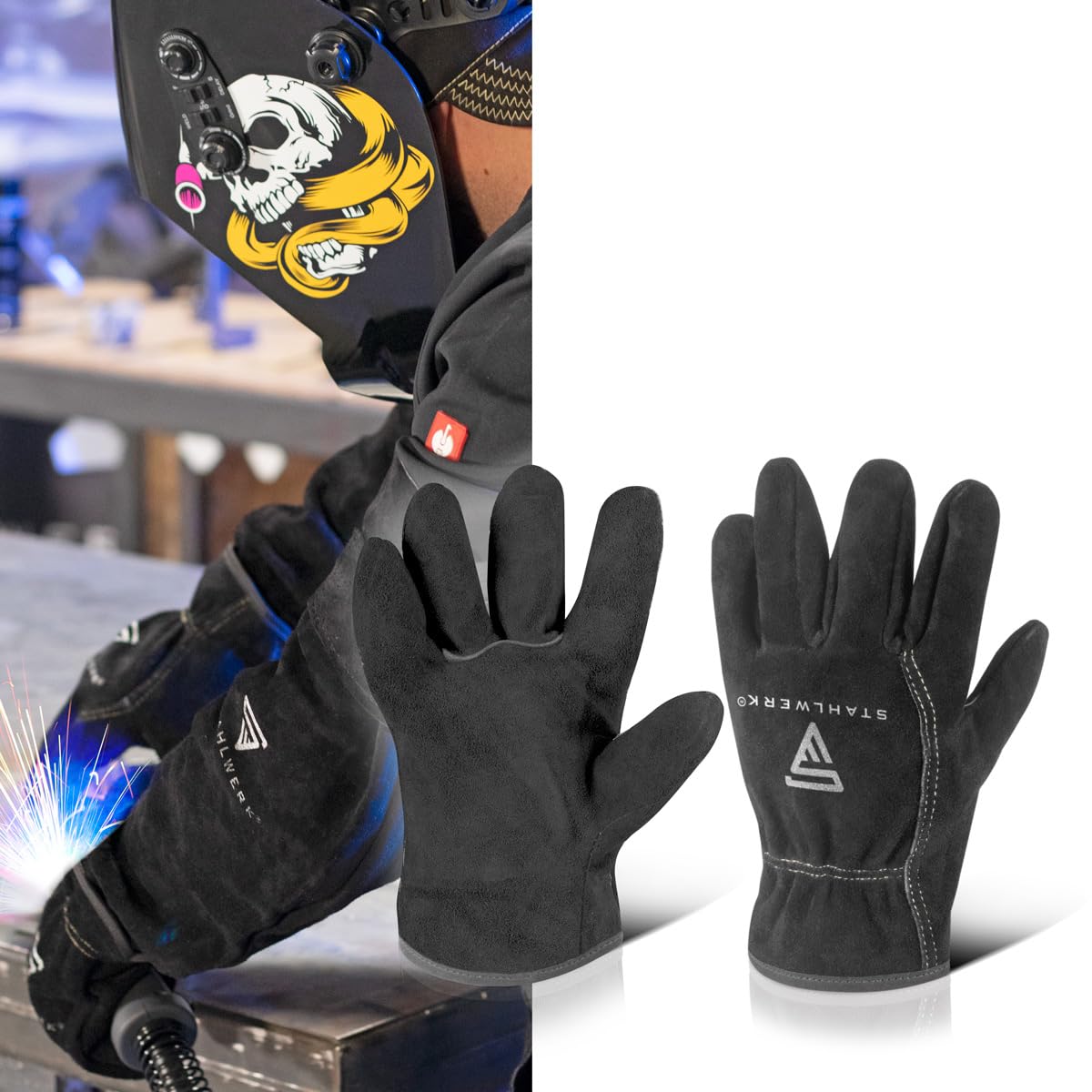 STAHLWERK Lot de 2 gants de soudeur | Gants de protection contre la chaleur | Gants de travail | Gants résistants à la chaleur en croûte de cuir de qualité supérieure pour soudage et découpe au plasma