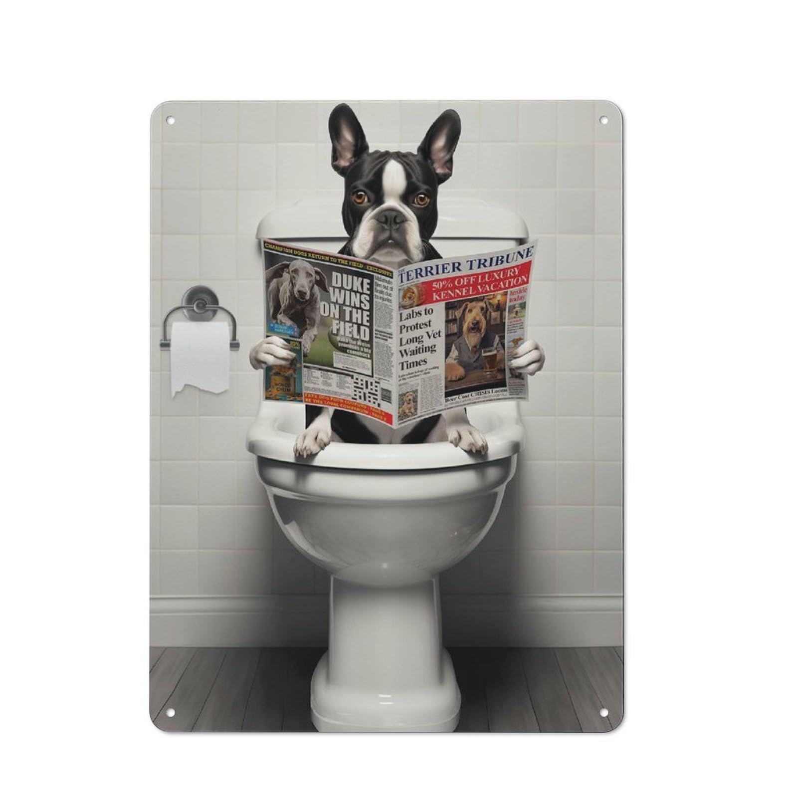 Vintage Vintage Metal Sign 40x30cm Featuring Boston Terrier on Toilet, Room Wall Plaque for Flat, Dorm Room, Lounge Or Cafe