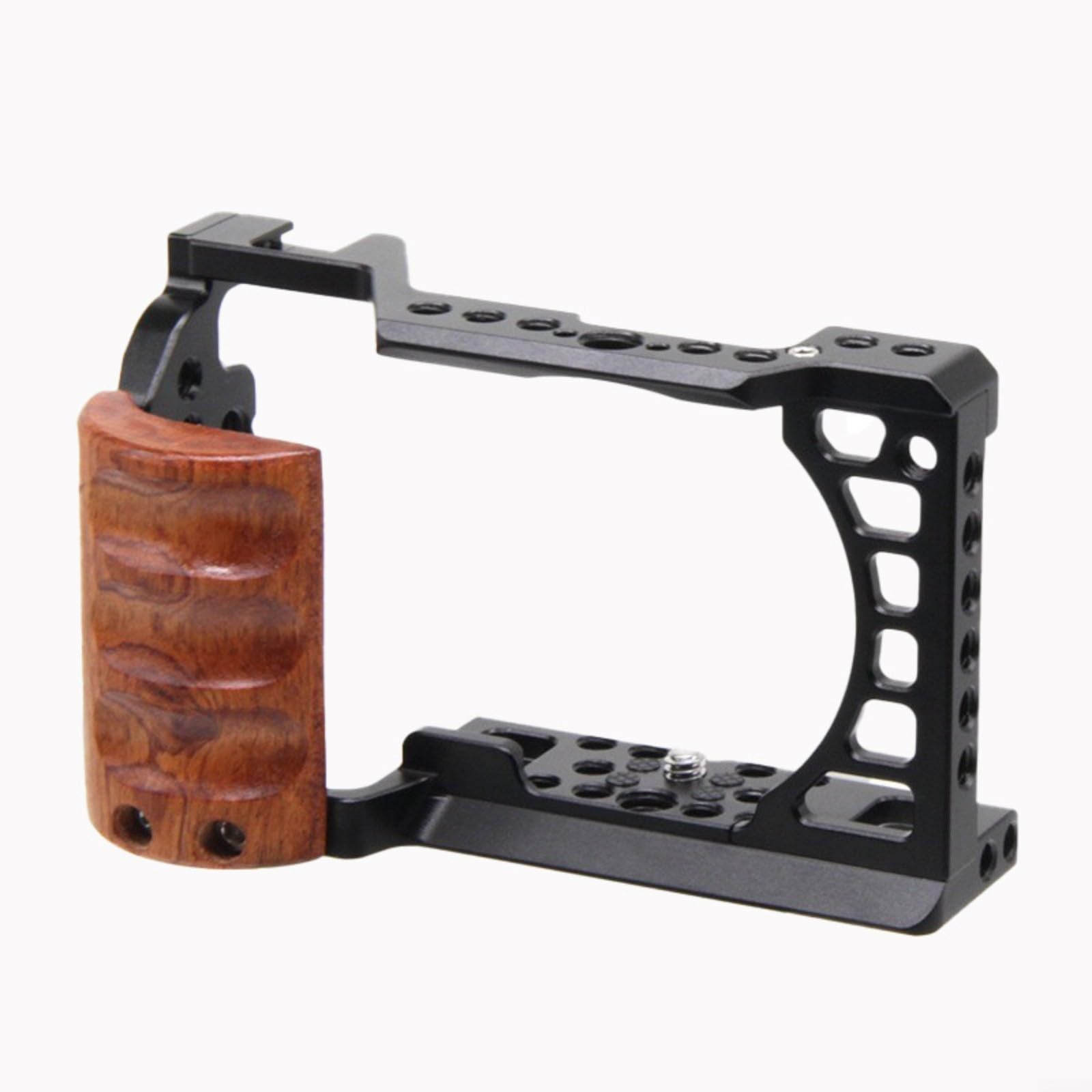 Cage en alliage d'aluminium pour appareil photo Sony A6000 A6300 A6400 A6500 avec support de griffe et trous de vis 1/4 pour vlogging photographie Noir (avec poignée)