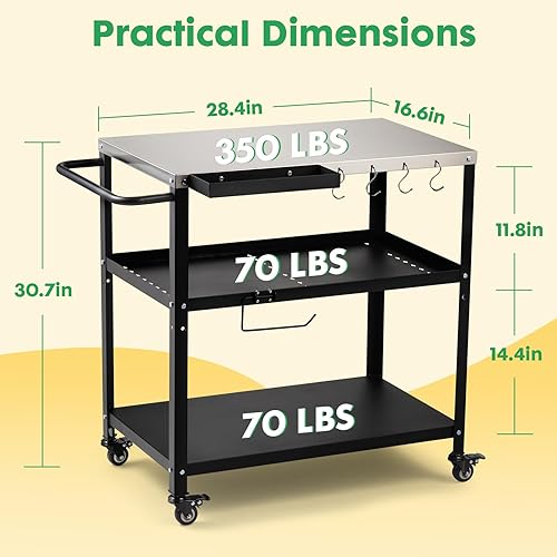 Miniatura 5 de Mesa de carrito de parrilla para exteriores, mesa de horno de pizza para interiores y exteriores, con 4 ruedas móviles de bloqueo total, ganchos,