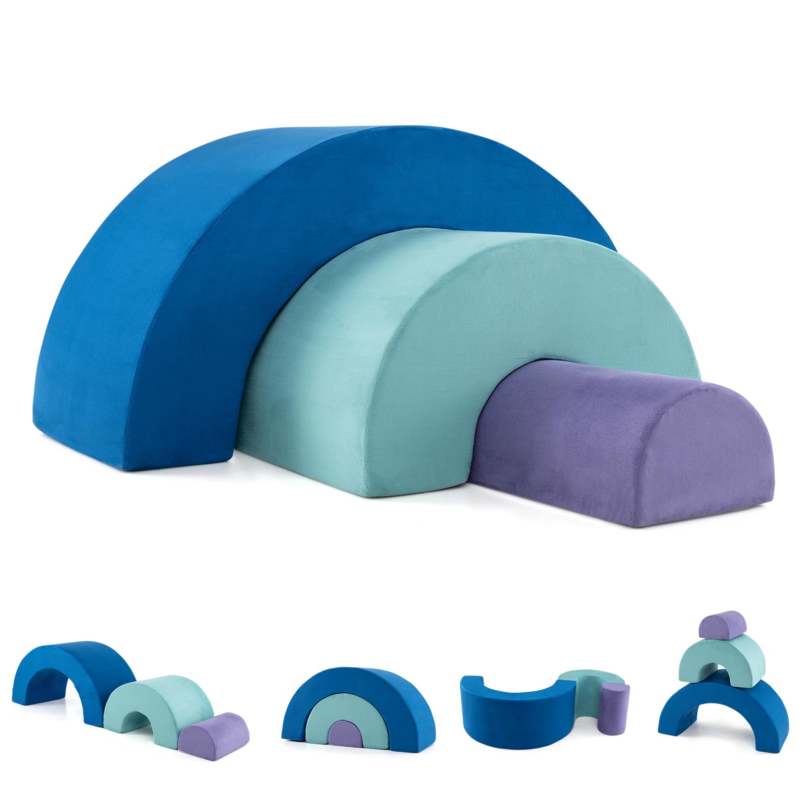 COSTWAY 3-TLG. Softbausteine, Schaumstoffbausteine zum Klettern und Krabbeln für Babys, Kletterbogen, Riesenbausteine aus Schaumstoff, Großbausteine für den Innenbereich (Blau)