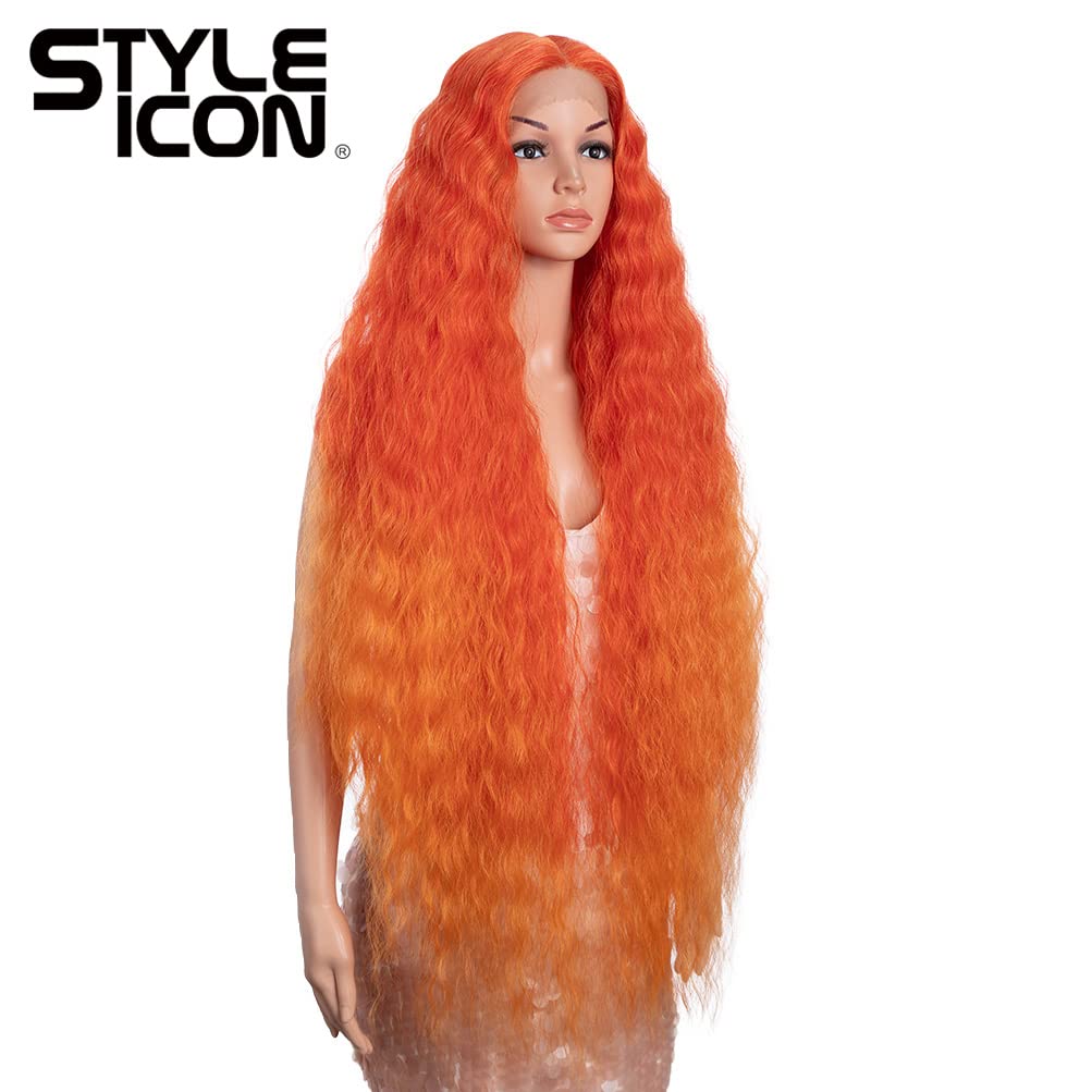 Style Icon 41" Lace Front Wigs Long Wavy Synthetic Wigs with Baby Hair Ombre Orange Bohemian Style Middle Part Half Hand Tied 130% Density Wigs (41", T-RED/ORANGE)