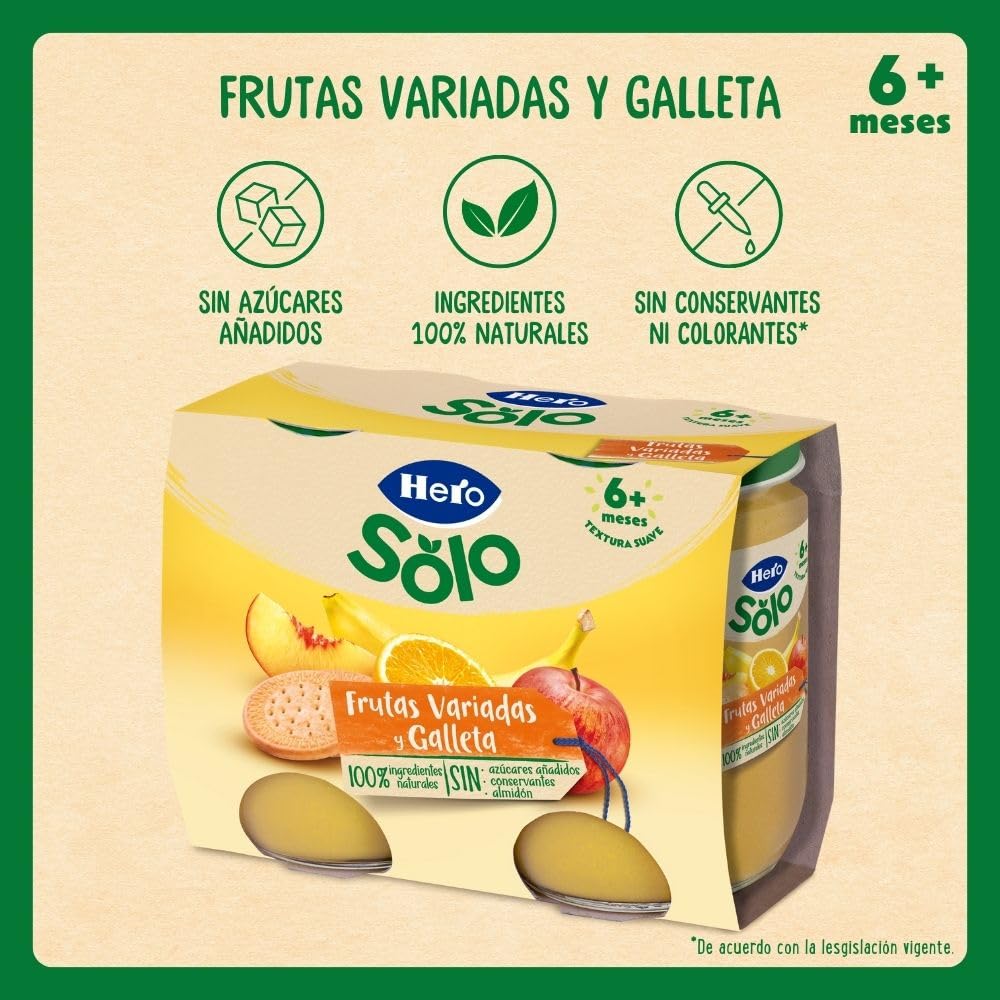 Hero Baby Merienda Tarritos de frutas variadas y galleta - Para niños a partir de los 6 meses - Pack de 2x190gr