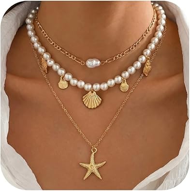 Shell Starfish Necklace for Women, Gold Plated Boho Layered Pendant Necklace with Pearl Conch Charm, Dainty Coastal Summer Beach Vacation Jewelry GiftsPearl&Starfish