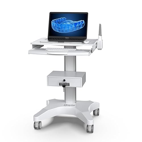 Miniatura 7 de Carrito médico con bandeja para laptop y soporte para escáner oral, estación de trabajo móvil sobre ruedas con cajón para clínicas dentales de