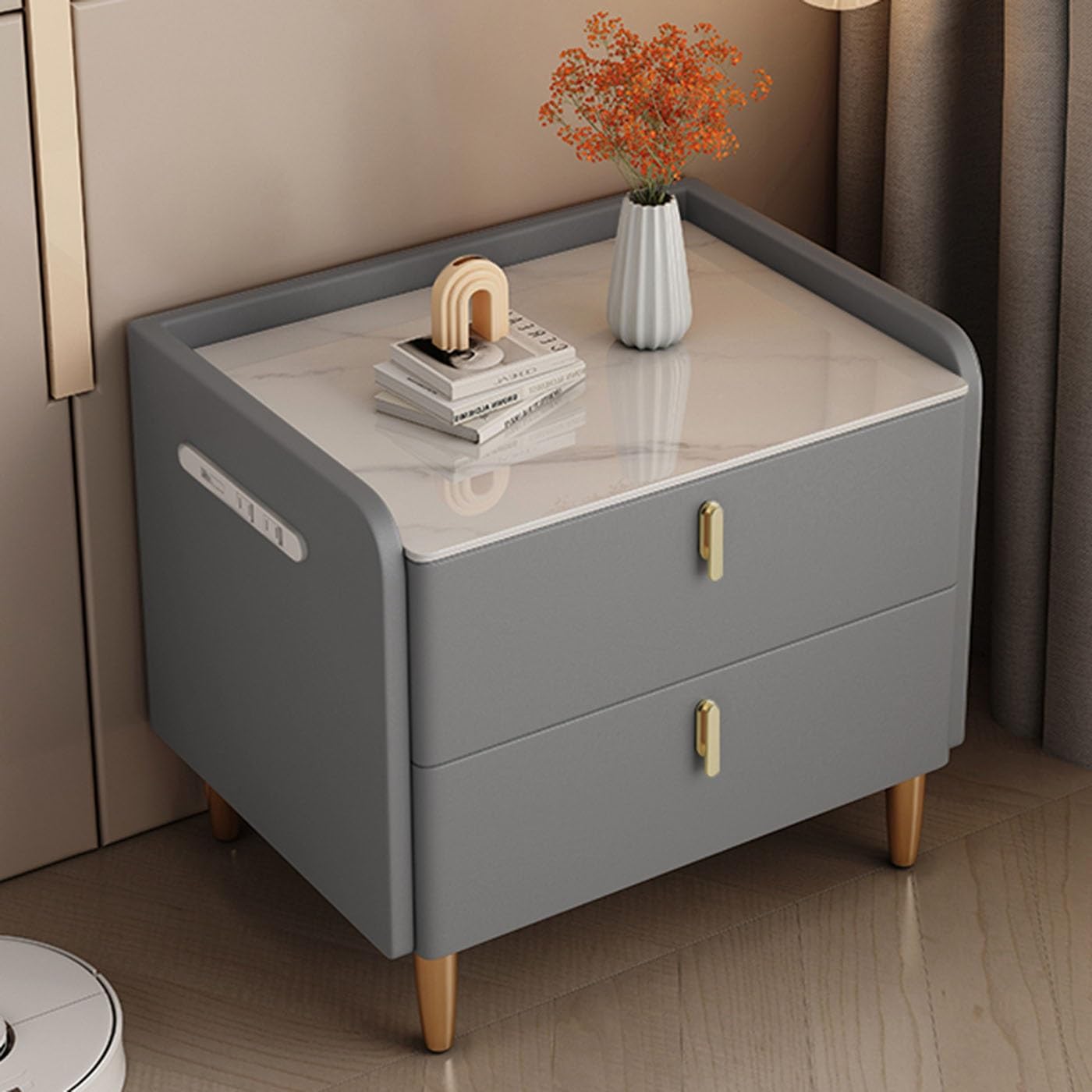 ASerZenith Smart Nightstand With Charging Station,Bedside Table W/Drawer,Minimalist And Practical End Side Table,Light Gray-50X40Cm