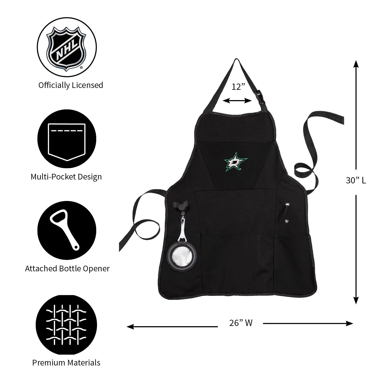 Team Sports America Outdoor NHL Black Grilling Apron | Dallas Stars | Made of Durable Cotton | Beverage Opener and Multi-Tool | Sports and Tailgaiting Apparel