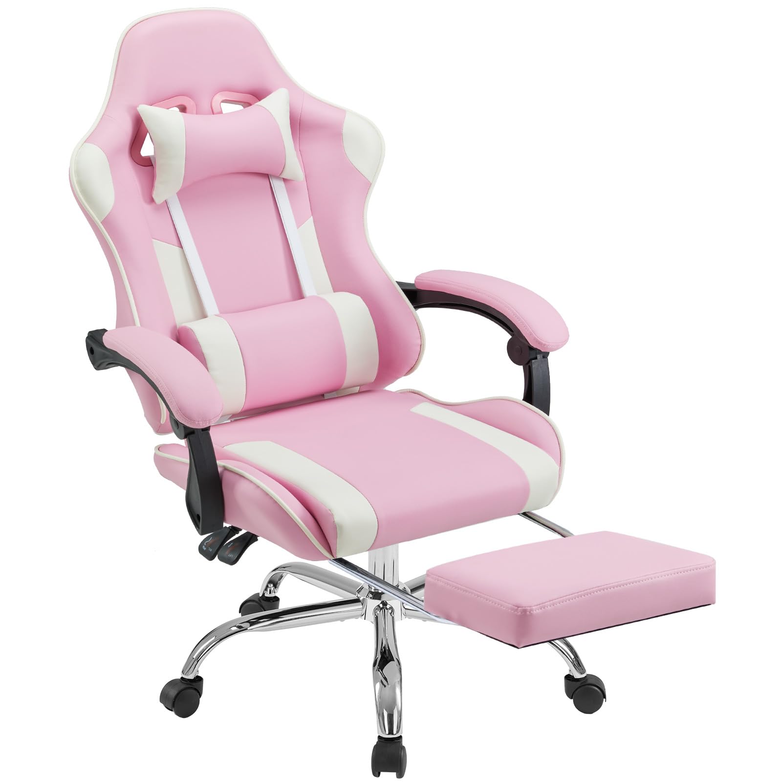 DUMOS Gaming Office Desk Chair with Footrest and Headrest for Adults, PU Leather Ergonomic Video Computer Chair with Linkage Armrests, Height Adjustable 360° Swivel Recling, New Pink