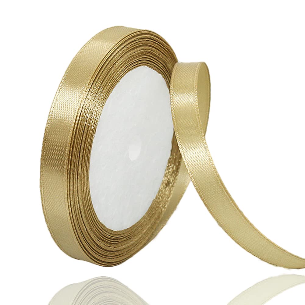 Alohovme Champagne Gold Satin Ribbon 10Mm X 23 Metres, Solid Color Gift Ribbon For Crafting, Gift Wrapping, Wedding Bouquet, Flower Arrangement, Bows Making, Balloons, Cake Decoration And Baby Shower