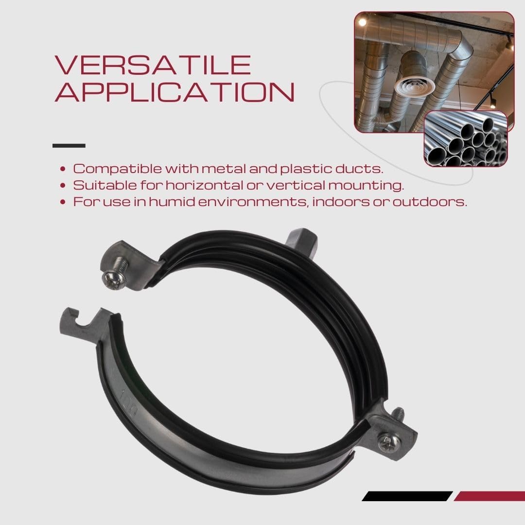 4 Inch Pipe Clamp Pack of 5 - Pipe Hanger for Ventilation Duct Connection to the Wall or Ceiling - Metal Duct Clamp with Rubber Seal - Tube Support Mounting Brackets - Thread M8/M10