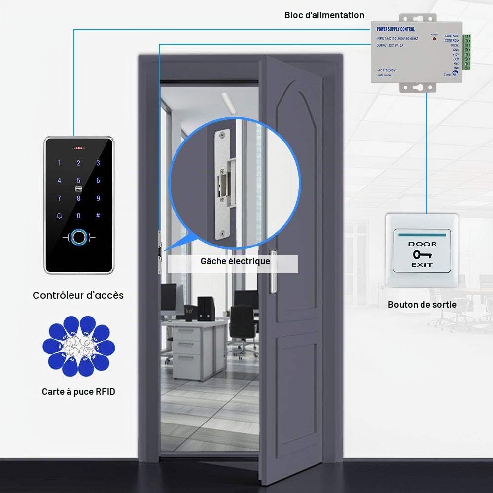 FST Kit de Système de Contrôle d'accès de Porte Ensemble d'empreintes Digitales Biométriques IP68 Clavier RFID étanche + Alimentation + Serrure électrique NC + 10pcs 13.56MHz porte-clés RFID
