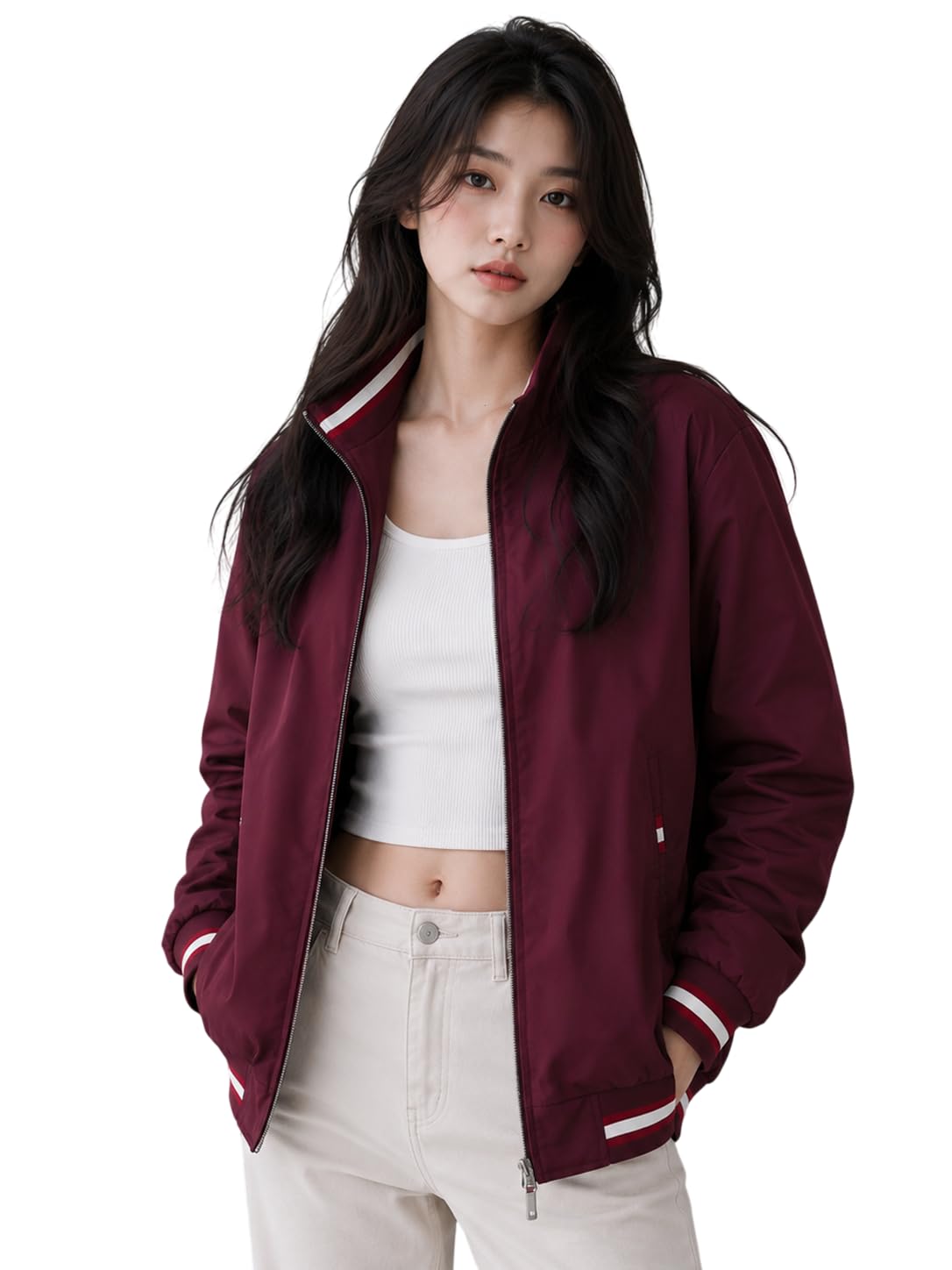 Women's Oversized Bomber Jacket | Casual Full Sleeve Zip-Up Jacket | Lightweight Stand Collar Regular Fit Outerwear with Pockets-picture-55