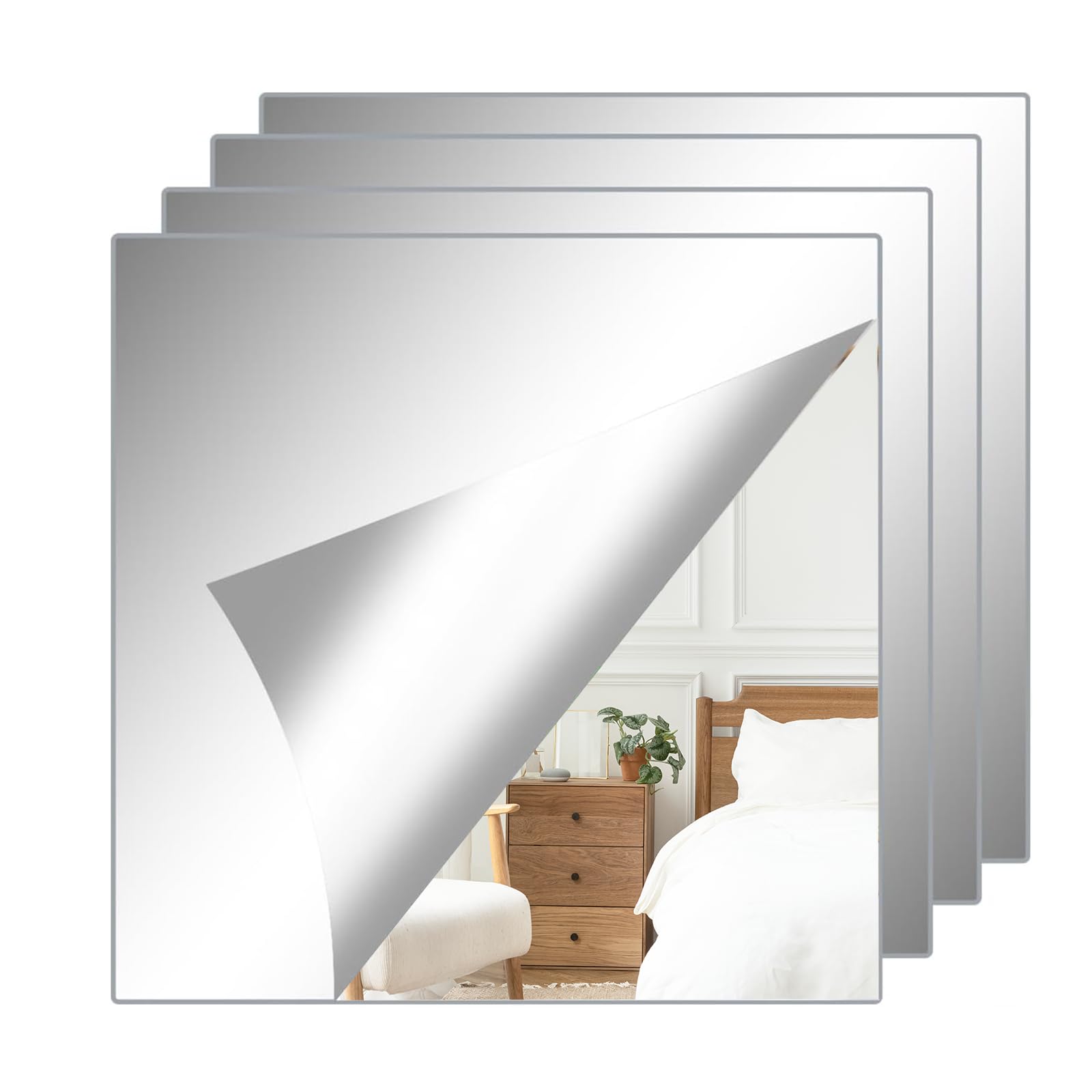 Prynneo4 Pack 20x20 cm Self Adhesive Mirror Stick on Mirror, Acrylic Mirror, Flexible Mirror Sheets Mirror Stickers for Home Decor (Square)