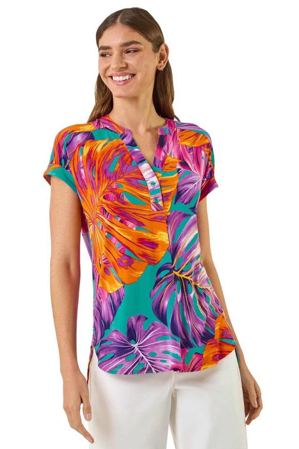 Roman Originals Women's Leaf Turquoise Roman Short Sleeve Shirt For Uk Tunic Top Summer Blouse Casual Smat T-Shirt Spring Work Cocktail Party Going Out Special Occassion Holiday V-Neck