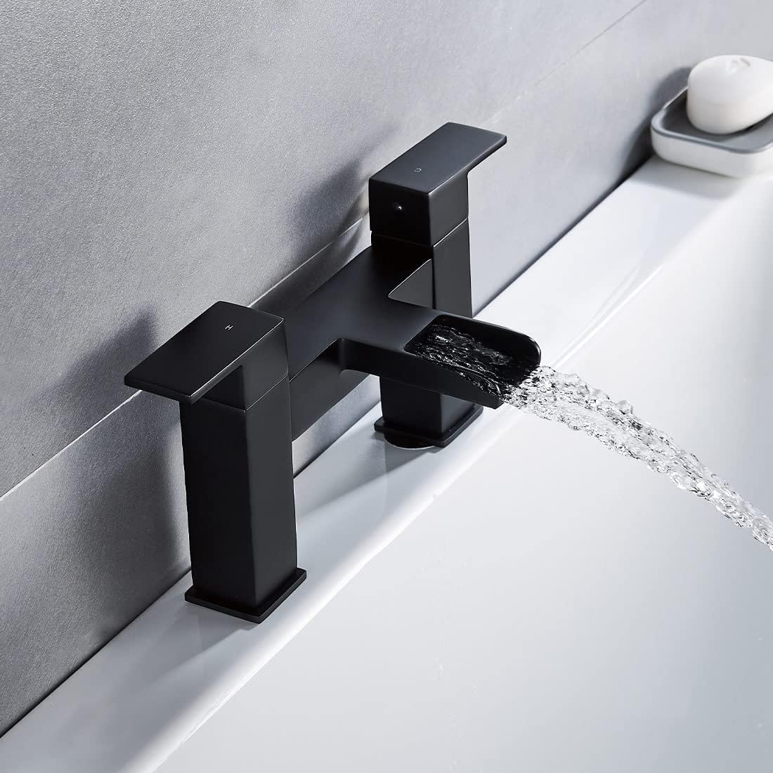 Shower Bath Taps Black Waterfall Mixer Tub Bathtub Filler Tap Shower Bathroom Brass Square Dual Lever Deck Mounted 1/4 Turn Mono Monobloc 2 Hole Faucet - Image 3