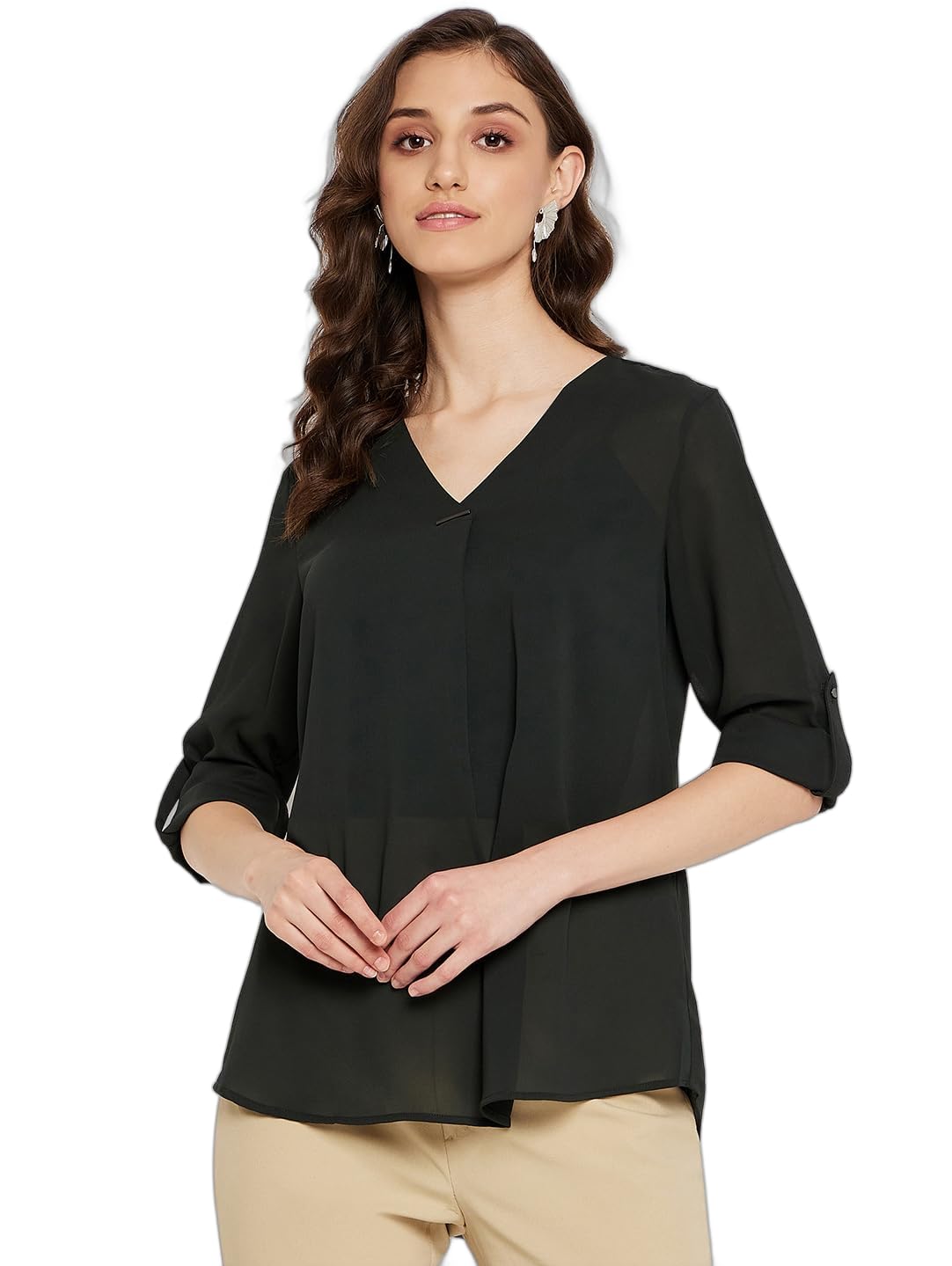 Madamee Women Olive V-Neck Textile Top
