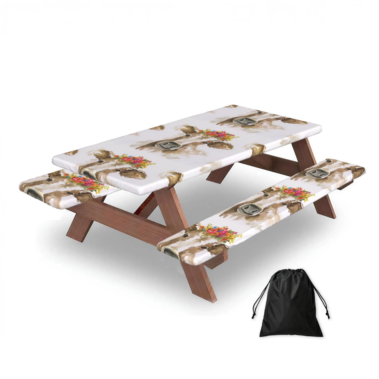 Dopklna As Picture Cute Watercolor Cow, Picnic Table Cover With Bench Covers -Waterproof Elastic Fitted Tablecloth For Garden Camping Patio 76X152cm