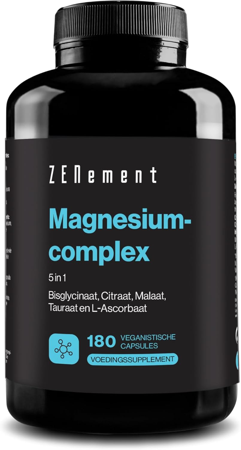Magnesium Complex, 5-in-1 – Bisglycinaat, Citraat, Malaat, Tauronaat & L-Ascorbaat – 360 mg Magnesium per Dagdosering – Hoge Biologische Beschikbaarheid – 180 Vegan Capsules – Zenement