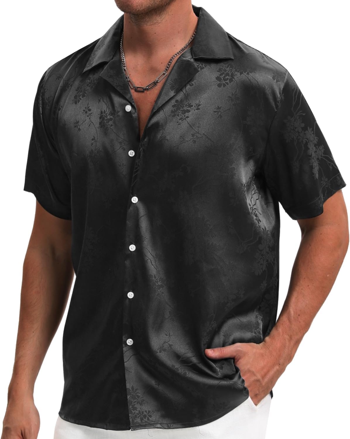 TUNEVUSE Men Satin Shirt Shiny Short Sleeve Floral Button Down Jacquard Dress Summer Solid Shirt Tops S-5XL - Image 3