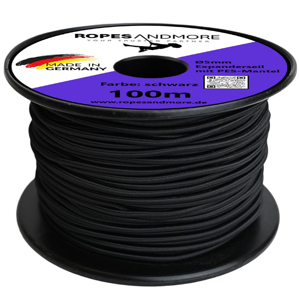 Corde élastique en caoutchouc PP PES - 5 mm - 10 m - 100 m - Noir - 100 m (Lfm) - Sans bobine
