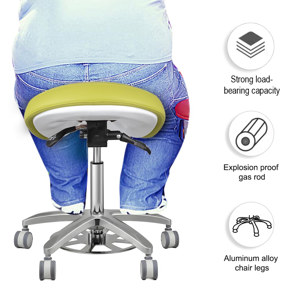 TEPTOARCH Swivel Saddle Stool Large Seat Cushion with Wheels,Height Adjustable Rolling Stool Micro Fiber Leather for Salon,Massage,Clinic,Lab,Office (Grass Green)