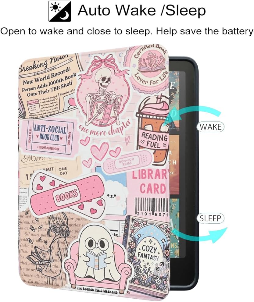 Case for 7" Kindle Paperwhite 12th Generation 2025/2026 & Kindle Colorsoft 2024/2025, Cute Pink Bookish Lightweight PU Leather Smart Protective Cover with Auto Sleep Wake, Hand Strap image 3