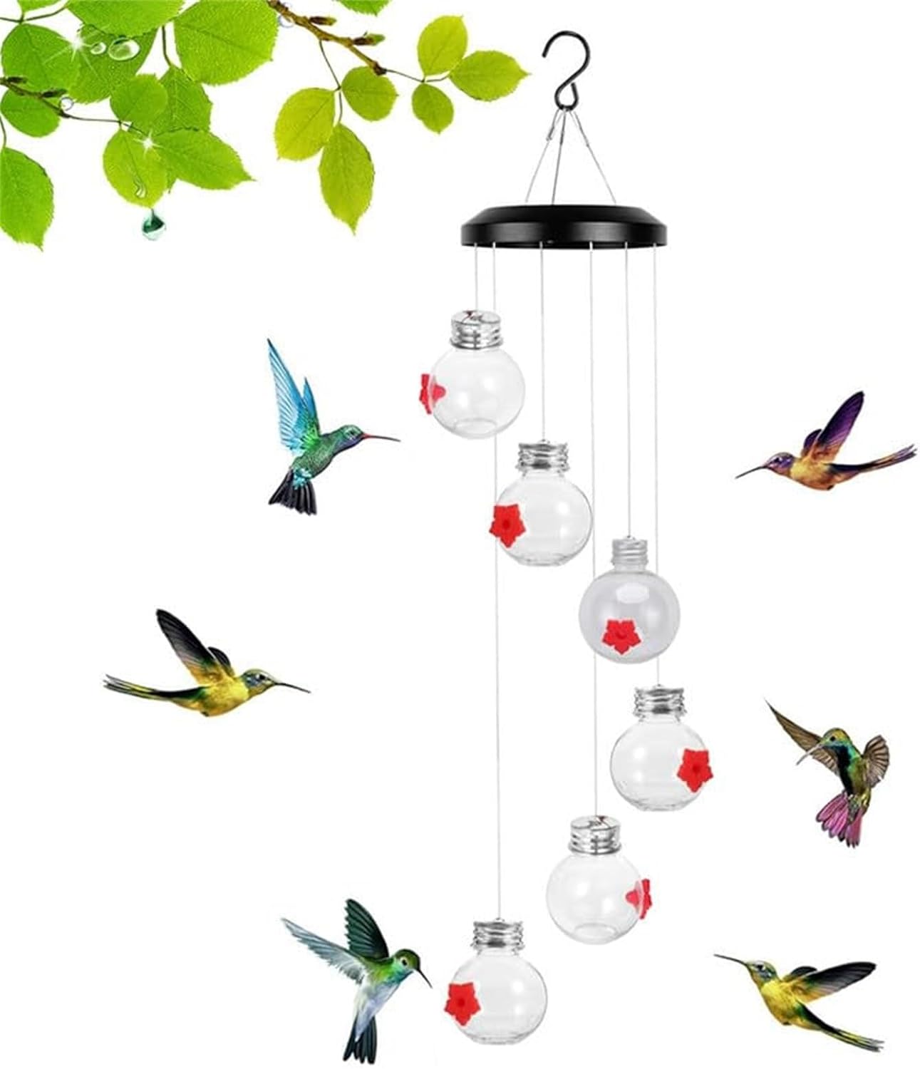 Plastic Bulb Wind Chimes Hummingbird Feeders for Outdoors Hanging, with 6 Feeding