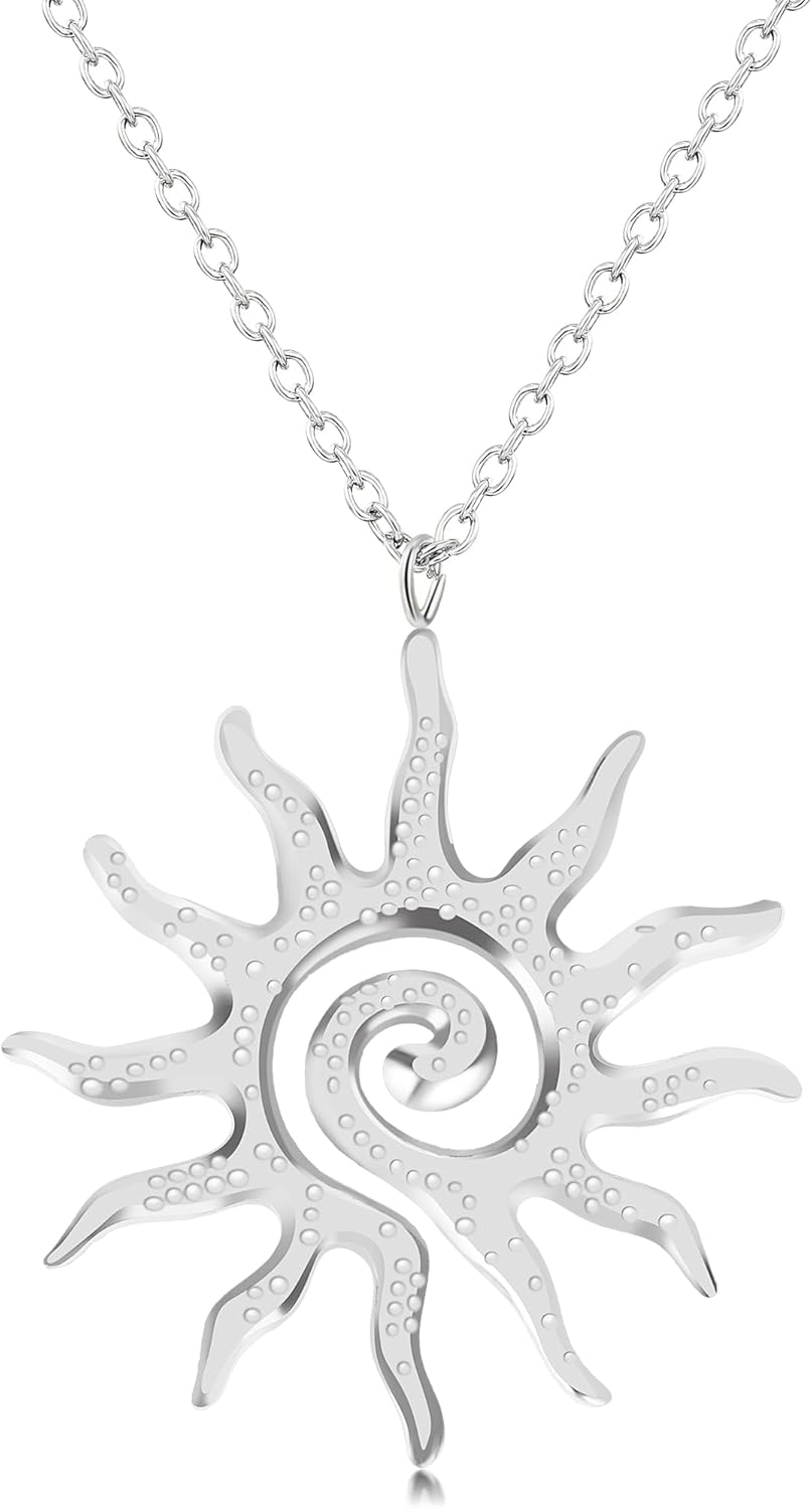 Spiral Sun Pendant Necklace, Gold Plated, 33x40.5mm Pendant, 45+5cm Chain Length, Textured Celestial Design