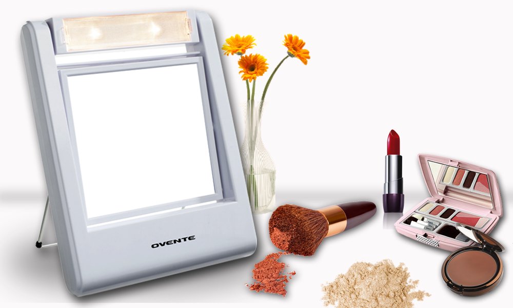 Ovente Square Makeup Mirror 5.5 Inch 1X 5X Magnification Glass LED Lighted 360 Degree Hand Held Double Sided Spinning Battery Operated Personal Compact Beauty Shaving Stand Plastic Travel White MLT22W