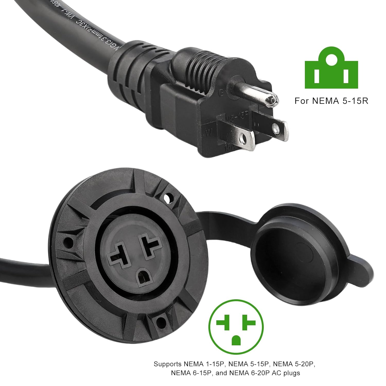 Universal 5-in-1 Outdoor Power Outlet,15A 125V-250V Weatherproof Electrical Receptacle with 119"(10FT) Extension Cord & Waterproof Cover